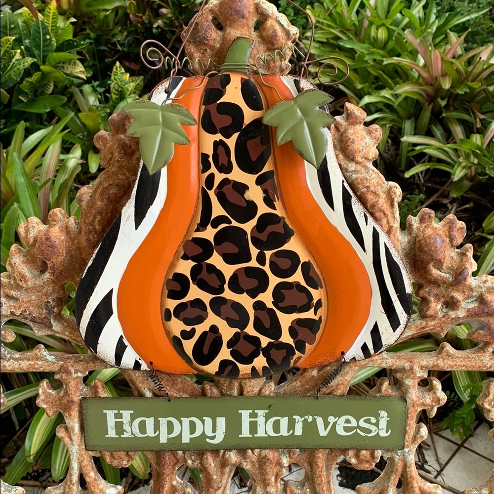 Vintage “Happy Harvest” Fall Orange and Black Animal Print Pumpkin Decoration